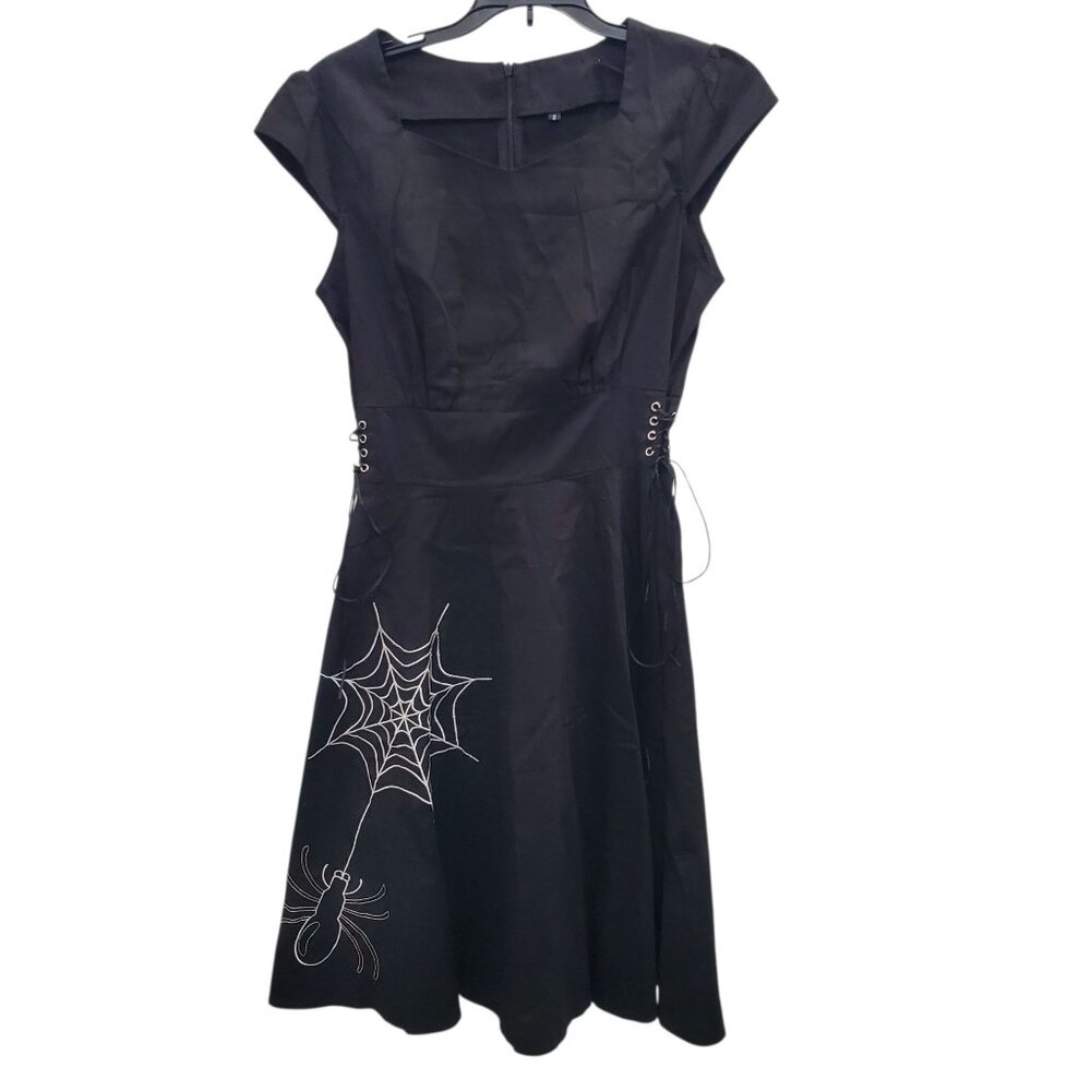 Wellwits Black White Embroidered‎ Spider 1940s Pinup Corset Lace Gothic Dress S